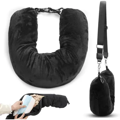 Image de Coussin de voyage pour le cou, remplissable, dimensions 80x18,5 cm, idéal pour l'avion, le train, la voiture ou le camping, couleur noire