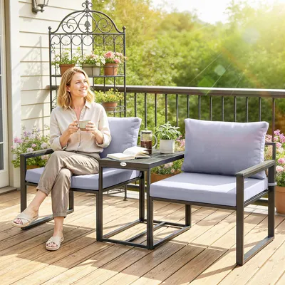 Produktbild von SUGIFT Balkonmöbel Set 3-teilig, Bistro-Set 2 Sessel mit Tisch, Stahl Polyrattan-Optik, Grau | 64 x 63 x 63 cm | bis 120 kg | Kissen abnehmbar