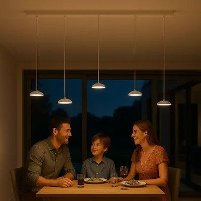 Produktbild von s.luce Santa Air LED Esstisch-Hängelampe 5-flammig Balken 160cm Schwarz 5-Flammig Halbrund
