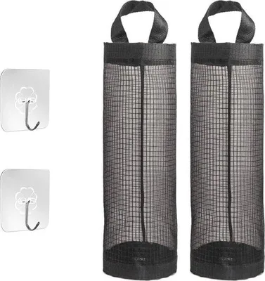 Produktbild von Halter für Plastiktüten – Hängender Müllbeutelhalter aus atmungsaktivem Netzgewebe – Zusammenklappbarer Netz-Aufbewahrungsbeutel zum Aufhängen mit Haken – Geeignet für Küche, Bad, Schlafzimmer usw. – Schwarz.