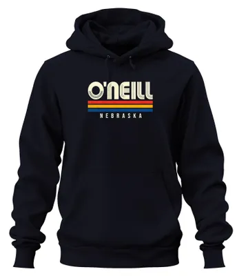 Imagen del producto de Sudadera con capucha estilo vintage retro de los años 70 y 80, marca O'Neill, diseño a rayas, fabricada en Estados Unidos, color azul marino, talla S