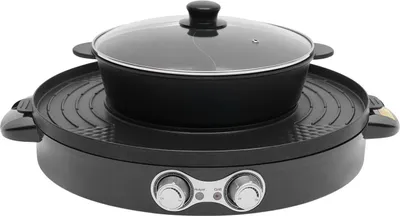Produktbild von Elektrischer Hotpot mit Grill - Rundes 2-in-1 Tischgerät - 2200 W - Geteilte Yin-Yang-Pfanne - Antihaftbeschichtung - Glasdeckel - Schwarz