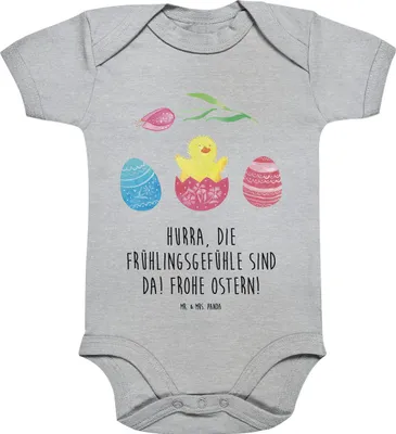 Produktbild von Mr. & Mrs. Panda babykleidung body Küken Schlüpfen 1. - 3. Monat - Heather Grey - Geschenk, Ei, Strampler Baby, Ostern, Ostergrüße, Babybody kurzarm, Freude, Frohe