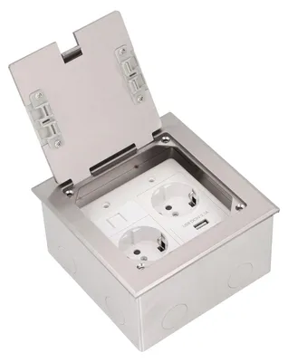 Bodeneinbaudose, 2 Steckdosen, USB, Netzwerk, 2500 W, 16 A, silber