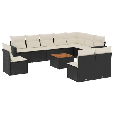 Produktbild von 11-tlg. Modulare Garten-Sofagarnitur, Lounge-Set mit Stauraum, Poly Rattan Schwarz, Akazienholz-Tisch, Cremeweiße Kissen, UV-beständig