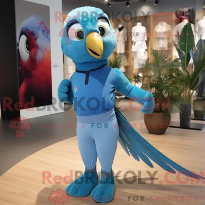 Produktbild von Himmelblauer REDBROKOLY Papagei Maskottchen Kostüm Charakter gekleidet in Yoga-Hosen und Hosenträger