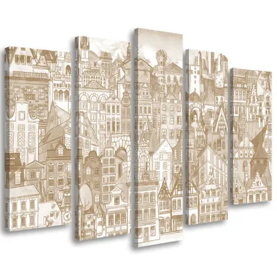 Produktbild von 5-teiliges leinwandbild fröhliche stadt 100x70 cm Feeby beige wandbild bereit zum aufhängen