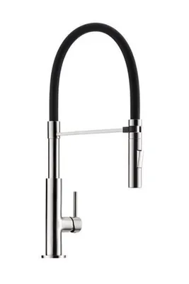 A modern kitchen faucet with a flexible black hose and a silver body, shown against a white background.