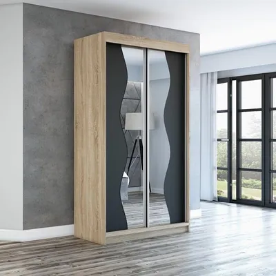 Produktbild von Schwebetürenschrank, 2-türig Schrank RIMA 120 cm (mit Spiegel) (Sonoma / schwarz / schwarz)