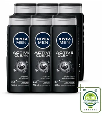 Immagine prodotto di 6 flaconi di gel doccia NIVEA MEN Active Clean 3-in-1 - 500 ml ciascuno - confezione grande - 6 pezzi