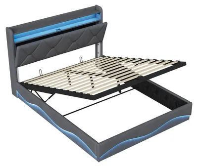 Obrázok produktu pre Postel s úložným priestorom - čalúnená posteľ 160x200 cm - hydraulický úložný box - LED osvetlenie - USB nabíjací port - čalúnená opierka s úložným priestorom - zamatová sivá farba