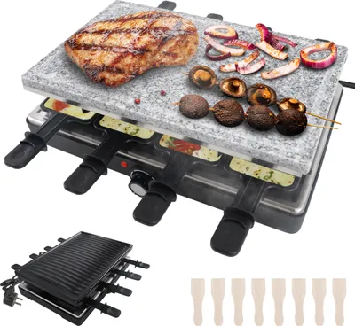 Obrázek produktu pro LARS360 Raclette gril s přírodním grilovacím kamenem a roštem pro 8 osob Plynulá regulace teploty 1400 W s 8 pánvičkami a dřevěnou špachtlí