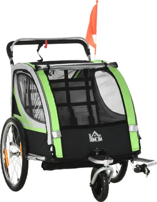 Zdjęcie produktu dla HOMCOM Przyczepka dziecięca 2 w 1 składana przyczepka rowerowa ze zdejmowanym przednim kołem, hamulce tylnego koła, przyczepka rowerowa dla 2 dzieci od 18 miesiąca życia, ładowność do 26,4 kg, zielona