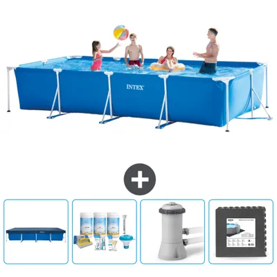Produktbild von Intex-Schwimmbecken mit rechteckigem Rahmen – 450 x 220 x 84 cm – Blau – im Lieferumfang enthalten Abdeckung - Wartungspaket - Filterpumpe für Schwimmbad - Bodenfliesen