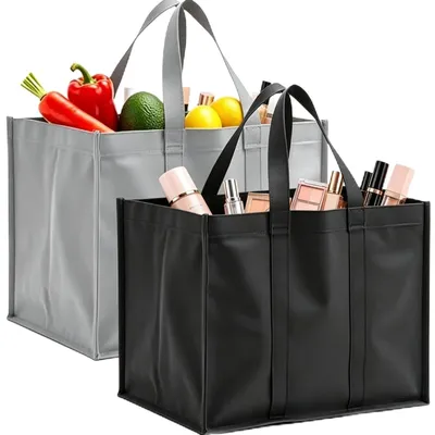 Productafbeelding van 2 grote opvouwbare boodschappentassen, 41 x 26 x 33 cm, met handgrepen