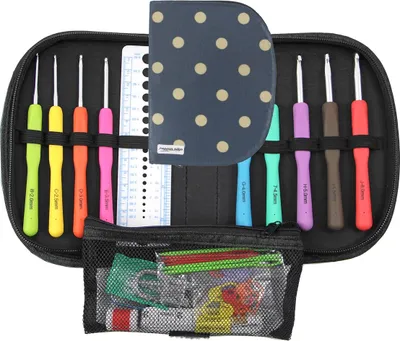 Produktbild von Häkelnadel Set "Resi" mit vielen Zubehörteilen, Bunte Häkelnadeln, ergonomische Softgriffe und Aluminium, 9 Nadeln zum Häkeln, 2 mm - 6 mm, Häkelnadel Etui Tasche ideal für Anfänger, Fortgeschrittene