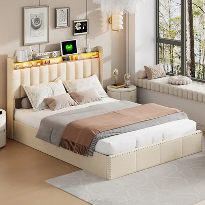 Immagine prodotto di UnboxG Letto imbottito 140x200cm con USB e LED, letto a molle con rete a doghe, letto matrimoniale con contenitore, letto funzionale con contenitore, velluto, beige