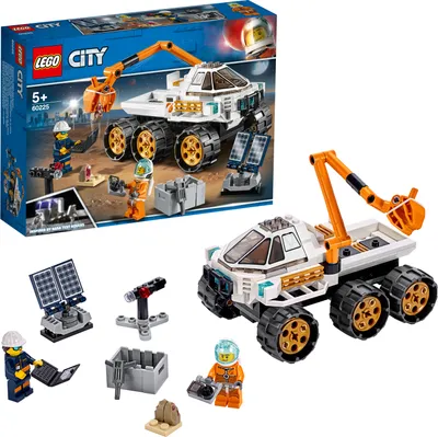 A LEGO City Rover-Testfahrt set is shown, with the box on the left and the assembled toy on the right, along with various accessories and minifigures.