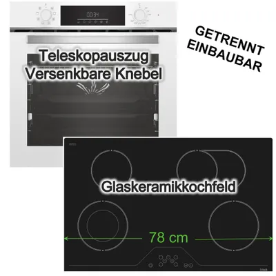 Produktbild von Herdset Einbauackofen weiß Heißluft SteamShine Teleskopauszug + Glaskeramikkochfeld 78cm Zweikreiszone Touchcontrol