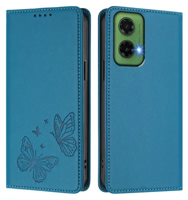 Image de Étui en cuir pour Motorola Moto G35, motif papillon, étui à rabat avec porte-appareil, bleu