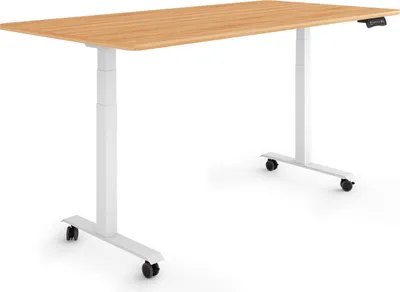 Produktbild von ESMART Germany EZX-132WM 160x80cm Ahorn-Nachbildung Ergonomischer Steh-Sitz-Schreibtisch auf Rollen Stufenlos elektrisch höhenverstellbar 65,5-130,5 cm 3 x Memory Aktivitätserinnerung