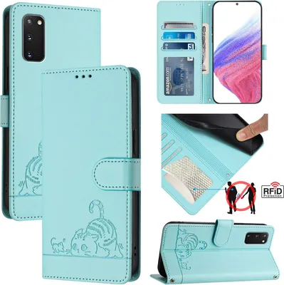 Produktbild von Leder Hülle für Samsung Galaxy S20 Süße Katze Flip Case Brieftasche Schutzhülle mit Standfunktion hellgrün