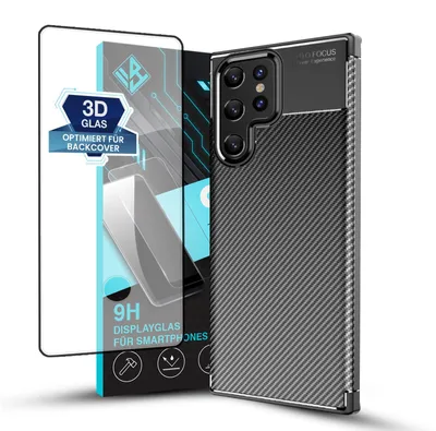 Produktbild von Handy Hülle für Samsung Galaxy S22 Ultra mit 9H Displayglas Displayschutz Carbon Look Cover Case Schutzhülle Farbe: Schwarz