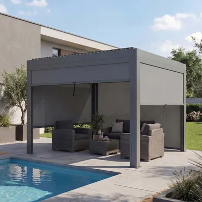 Produktbild von Pergola HWC-L46 mit Seitenwand, Gartenpavillon Lamellen-Pavillon Rollo, 11cm-Alu-Gestell, sturmfest 3x3m  anthrazit
