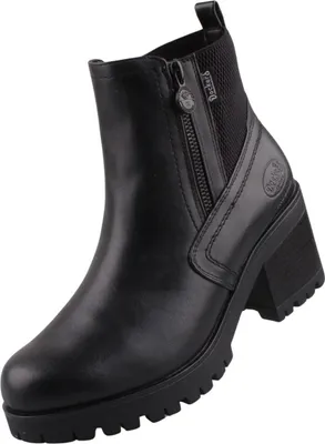 A studio shot of a black leather boot.