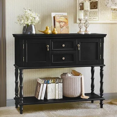 Image de Console avec tiroirs et étagère, en bois noir. Console étroite avec tiroir. Tables consoles pour le salon, l'entrée, le couloir, la chambre