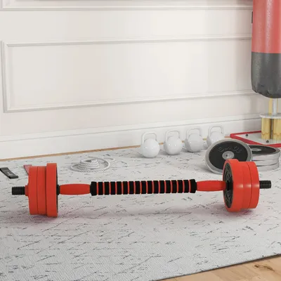 Obrázek produktu pro Sada činek - 4 v 1 - celková hmotnost 20 kg - Kettlebell a činka - Silový trénink - Červená barva