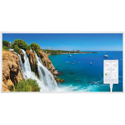 A digital image of an infrared heater with a waterfall scene printed on it, showing a digital display with temperature readings.
