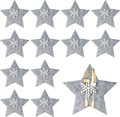 Produktbild von 12 Stück Stern Besteckhalter Weihnachten Filz,Grau Weihnachtliche Tischdekoration,Deko Weihnachten Tisch,Weihnachtstisch Deko,Weihnachten Bestecktasch