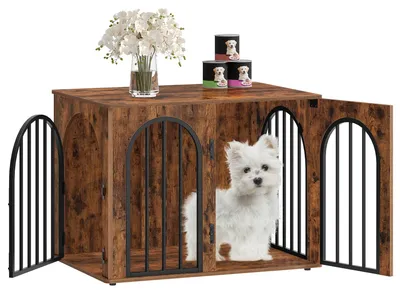 Zdjęcie produktu dla Klatka dla psa, mebel – 80x56x61 cm – 3 drzwi – styl vintage, kolor brązowy i czarny – metal i drewno