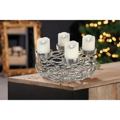 Zdjęcie produktu dla Gilde Adventsleuchter, rund, "Twigs", Aluminium, silberfarben, VE 1, H. 15 cm, D. 37 cm 15799 4001250432067