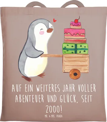Produktbild von Mr. & Mrs. Panda Tote Bag 2000 Geburtstag Abenteuer Glück - Braun Pastell - Geschenk, Glückwunsch, besondere Geschenke, Happy Birthday, Laptoptasche, Einkaufstasche, Jahr