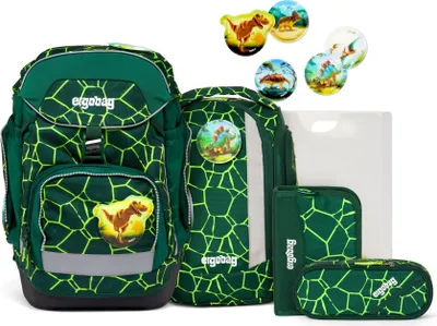 A set of school supplies including a backpack, pencil case, and other accessories, all featuring a dinosaur theme.