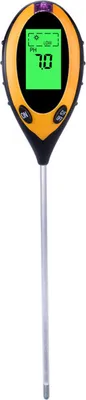 A digital soil tester with a silver probe and a yellow and black handle with a green digital display.