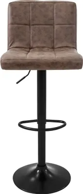 A single brown bar stool with a black base and stem, shown from the front against a white background.