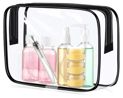 Produktbild von Transparente Kulturbeutel mit Set aus 8 Reiseflaschen, für Handgepäck geeignete Kosmetiktasche, ideal für Reisen und Geschäftsreisen
