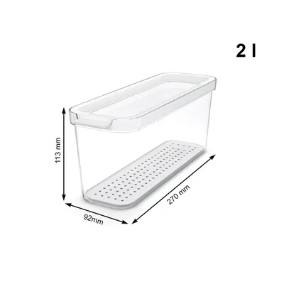 A transparent food storage container with a white lid and a white perforated insert, shown with dimensions indicated by measurement lines and text.