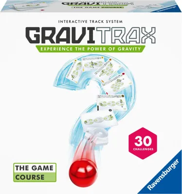 The image shows the packaging of a GraviTrax interactive track system game called 'The Game Course'. It features a red ball rolling down a track, with diagrams of track layouts and the number '30 Challenges' highlighted.