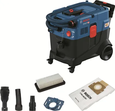 A Bosch wet/dry vacuum cleaner and its accessories are displayed against a white background.