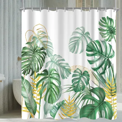 Immagine prodotto di Tenda da doccia 200x200 cm, motivo foglie di bambù, orlo con peso, antimuffa, idrorepellente, lavabile, realizzata in poliestere con 12 occhielli e anelli