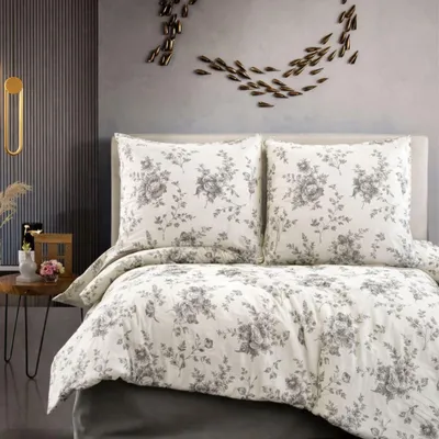 Produktbild von Bettwäsche 200x200 cm 3-teilig Baumwolle Bettwäsche-Set Beige Bettbezug Schwarz geblümt EvlaV1