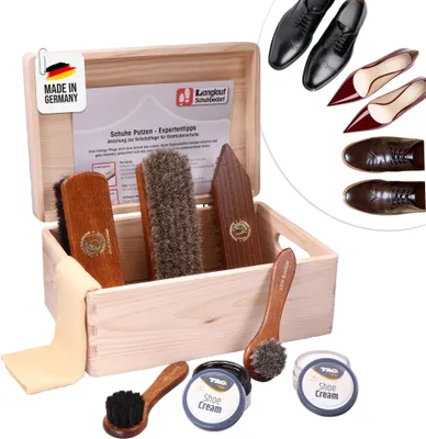 Produktbild von Schuhputzset Leder 9tlg Schuhputzkasten Milano I Rosshaar Schuhbürste -Tiegelbürste und extra weiche Rosshaarbürste zum polieren I Schuhbürsten Set mit Pferdehaar, Schuhpflegeset Germany