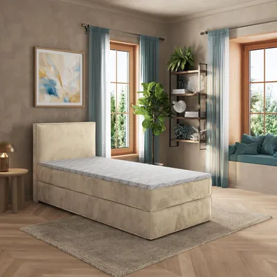 Produktbild von Masseno Boxspringbett PELLIO 80x200 cm Komplett-Set mit Bonell Matratze und Topper, Polsterbett mit Bettkästen -Creme, MONOLITH 04