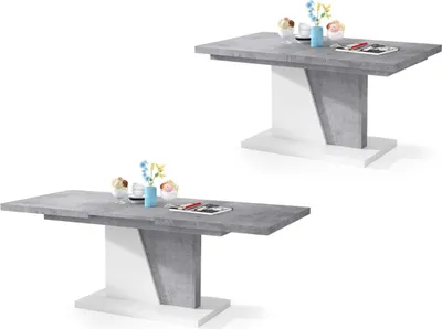 Produktbild von All4All Couchtisch Noel , Kaffeetisch , Wohnzimmertisch , Sofatisch mit Ablagen , Esstisch mit Einlegeplatte , ausklappbar , 120x70cm , Beton Millenium + Weiß