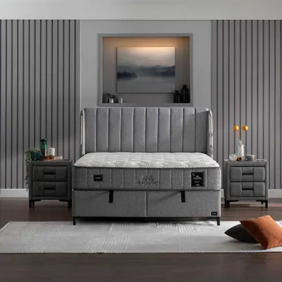Produktbild von Bambi Boxspringbett 200x200 mit Bettkasten mit Matratzen Blacksand Set Stauraum 7-Komfortzonen H4 Schwarz/Anthrazit