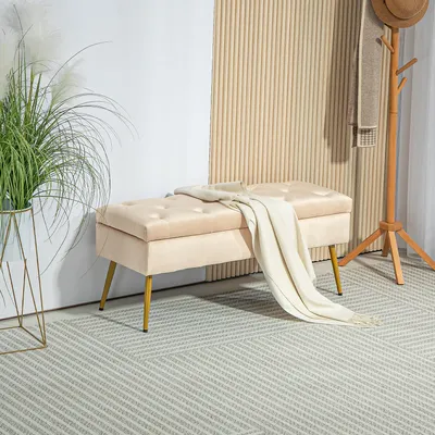 Produktbild von SUGIFT Polsterbank getuftetes Samtdesign, Sitzbank mit Stauraum, Fußhocker Aufbewahrungsbank, Beige | Metallrahmen | bis 120 kg | 102 x 35 x 43 cm